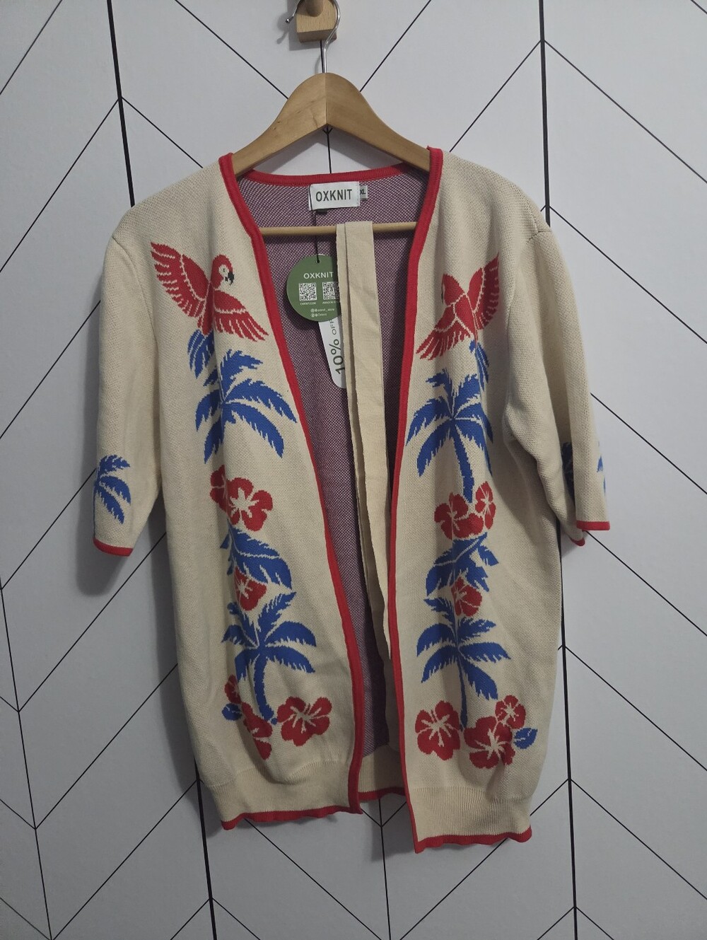 NWT OXKNIT 70s Hawaiian Style Knit Cardigan Apricot Tropical Floral, Size XL